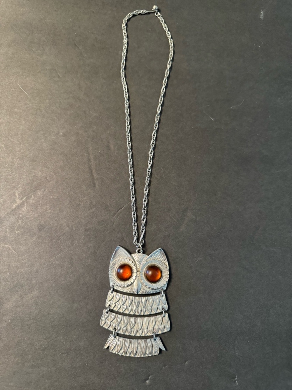 Silver Owl Pendant Necklace with Amber Eyes vintage